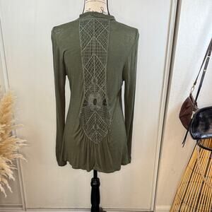 Anthropologie Robin K Olive Green Cardigan  w/ Intricate Back Design size Medium